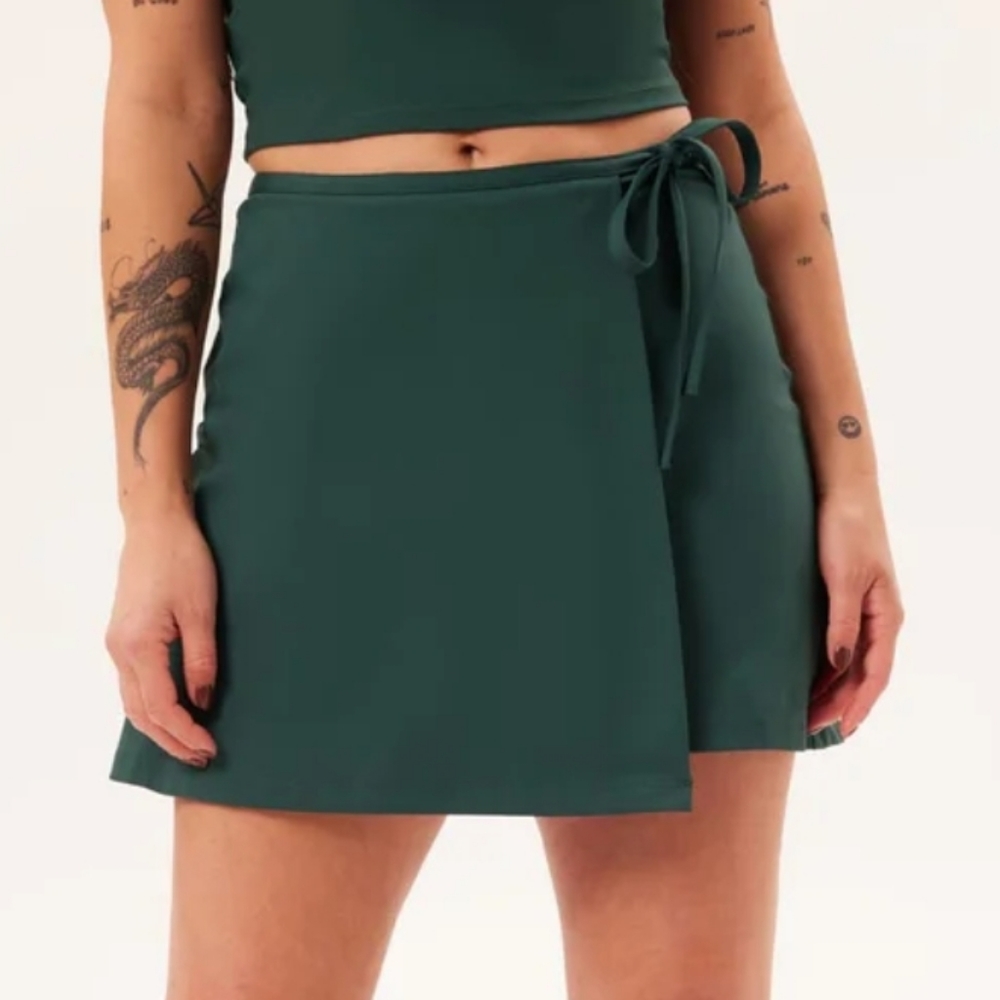 Girlfriend Collective Moss Weekend Wrap Skort Green Wrap Tie Side